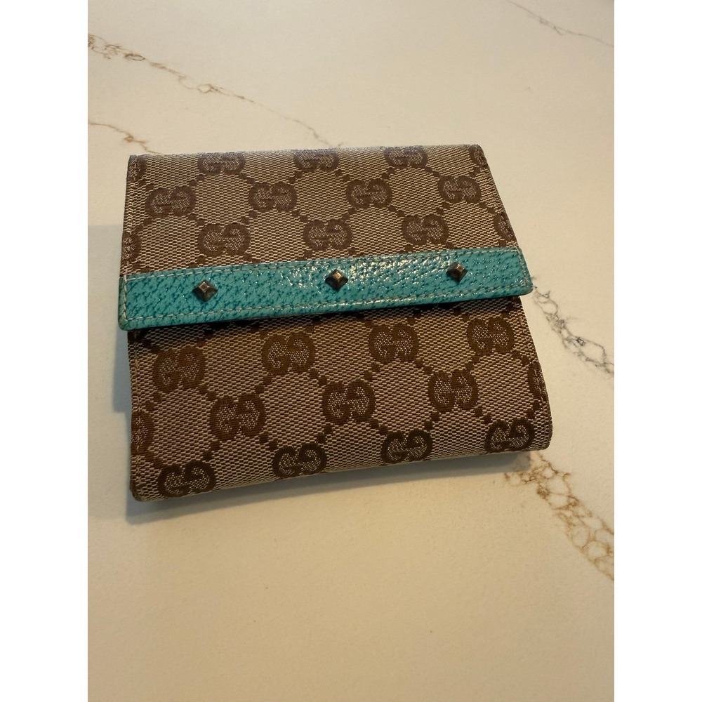 Authentic Gucci GG Canvas Wallet Turquoise Leather Italy COA